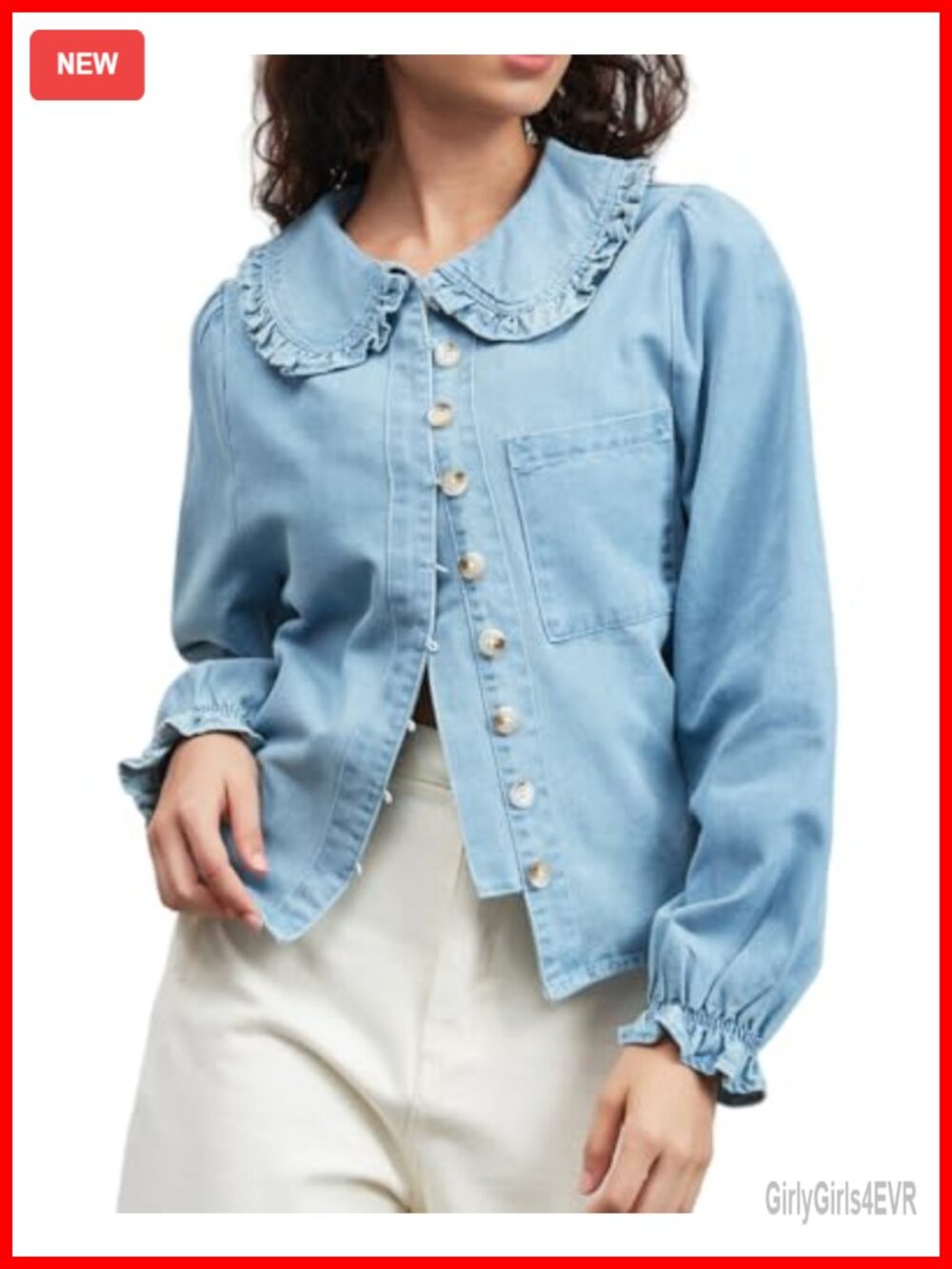 Denim Button Down Shirt Peter Pan Collar Puff Sleeve Blouse